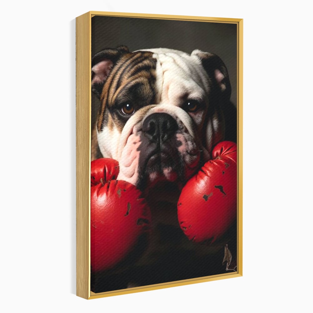 Tablou canvas cu tablou canvas cu bulldog in manusi de box, in rama de aluminiu auriu